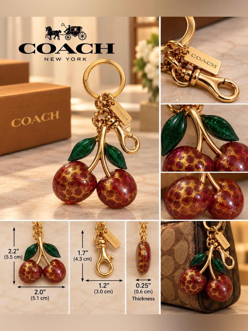 Gold-Tone Pink Glitter Cherry Key Charm with Green Leaves